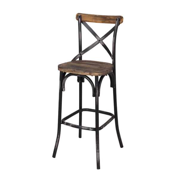 English Elm Antique Metal X-Back Bar Stool with Oak Slats, Splayed Legs and Footrest for Rustic Kitchen Counter Black+Brown B062P181304