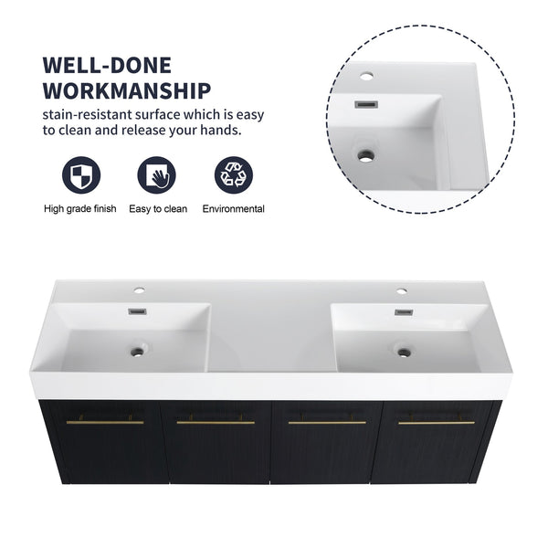 English Elm 60 Inch Wall-Mounted Bathroom Vanity With Double Resin Sink, Soft-Close Hinges, Eco-Friendly Design W999S00161