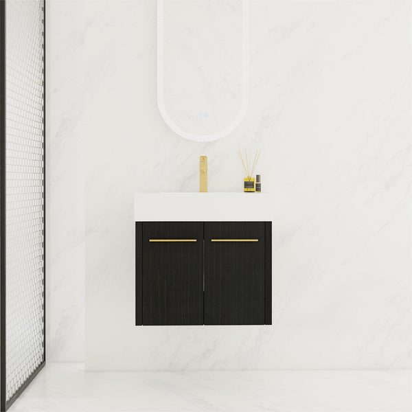English Elm 24 Inch Wall-Mounted Bathroom Vanity With Thick Resin Sink, Soft-Close Doors & Space-Saving Design W999S00157