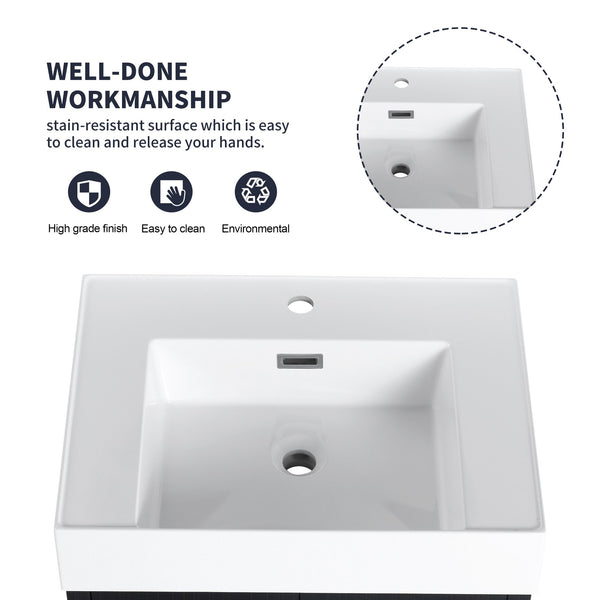 English Elm 24 Inch Wall-Mounted Bathroom Vanity With Thick Resin Sink, Soft-Close Doors & Space-Saving Design W999S00157