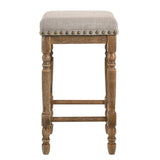 Beige Fabric Nailhead Trim Counter Stools, 2-Piece Set - Weathered Oak Legs, 16.50 x 16.50 x 24.50