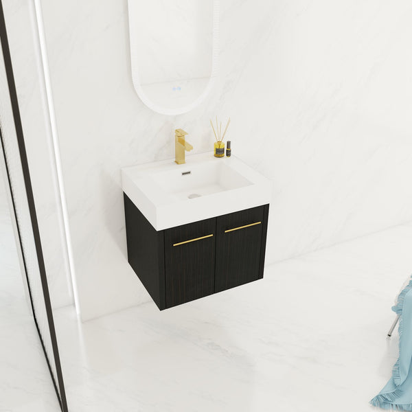 English Elm 24 Inch Wall-Mounted Bathroom Vanity With Thick Resin Sink, Soft-Close Doors & Space-Saving Design W999S00157