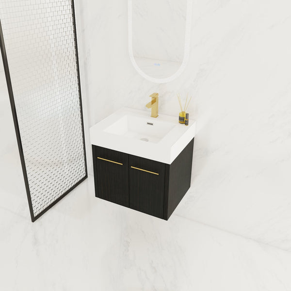 English Elm 24 Inch Wall-Mounted Bathroom Vanity With Thick Resin Sink, Soft-Close Doors & Space-Saving Design W999S00157