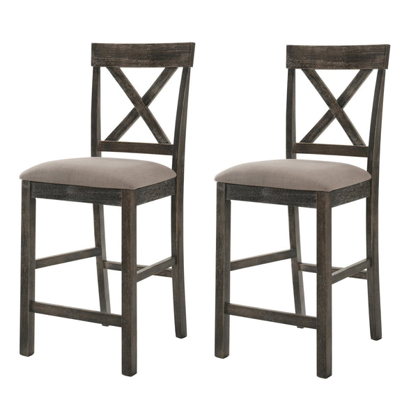 English Elm Tan Linen Counter Height Stool Set with Cross Back and Weathered Oak Legs—Durable Elegant Seating for Kitchens Grey B062P181295