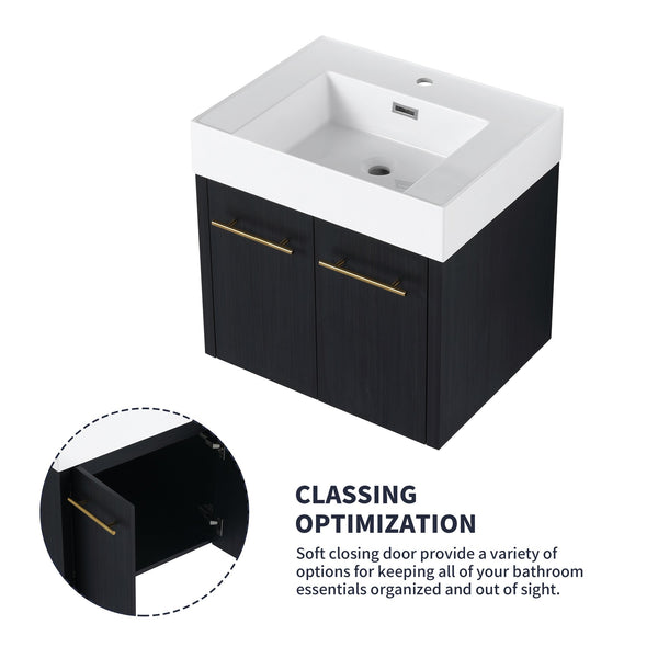 English Elm 24 Inch Wall-Mounted Bathroom Vanity With Thick Resin Sink, Soft-Close Doors & Space-Saving Design W999S00157