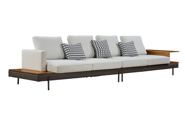 English Elm Luxury Cotton Upholstered Four-Seat Sofa with Interchangeable Left/Right Arm Shelves, Off-White Upholstery and Metal Legs W1793S00035