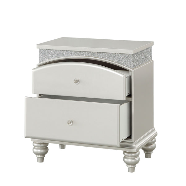 English Elm Platinum Transitional 2-Drawer Nightstand with Felt-Lined Top Drawer, Rhinestone Accents & Safety Stops for Luxury Bedside Storage and Smooth Operation B062P181314