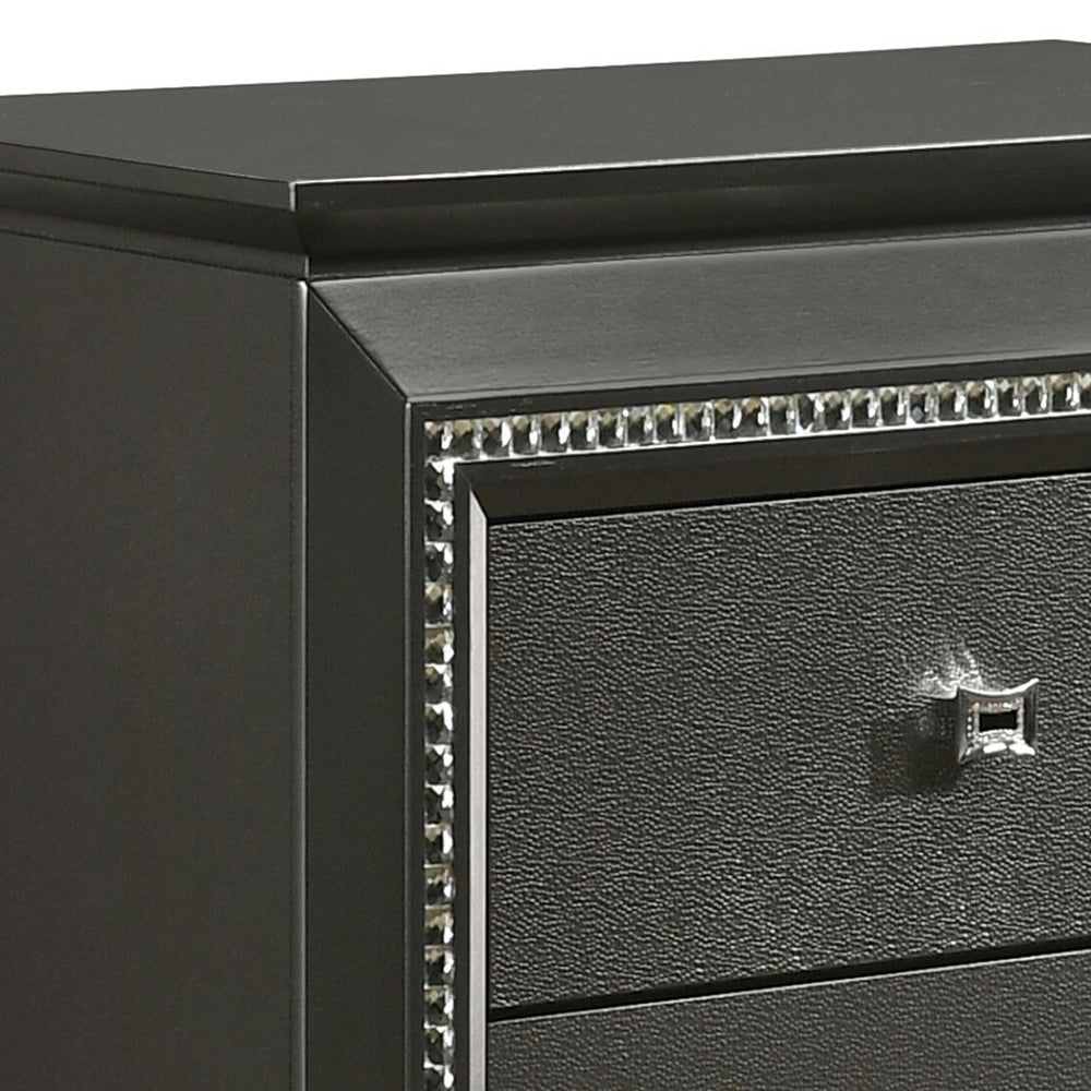 English Elm Metallic Grey Nightstand with Crystal Trim, 2 Spacious Drawers, Safety Stops, Glam Transitional Style B062P181327