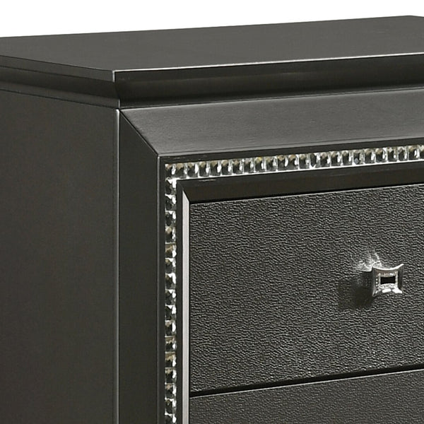 English Elm Metallic Grey Nightstand with Crystal Trim, 2 Spacious Drawers, Safety Stops, Glam Transitional Style B062P181327