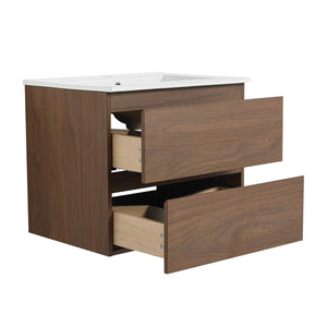 English Elm 24" Wall-Mounted Bathroom Vanity With Ceramic Sink, Soft-Close Drawers, Perfect For Small Spaces W999S00164