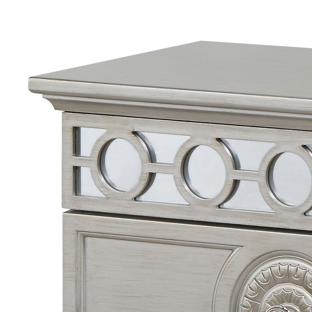English Elm Silver Glam Mirrored 2-Drawer Nightstand with Elegant Inlay Trim, Spacious Storage & Chic Shine B062P181345