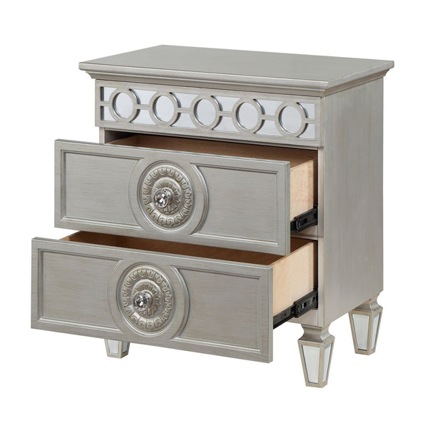 English Elm Silver Glam Mirrored 2-Drawer Nightstand with Elegant Inlay Trim, Spacious Storage & Chic Shine B062P181345
