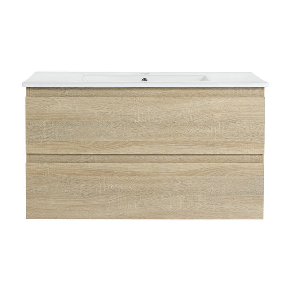 English Elm 36" Wall-Mounted Bathroom Vanity With Ceramic Sink & 2 Soft-Close Drawers For Modern Spaces W999S00169