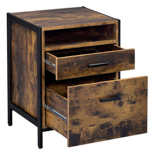 English Elm Rustic Oak and Black 2-Drawer Nightstand with Open Shelf, Metal Cube Legs, Modern Farmhouse Storage B062P181319