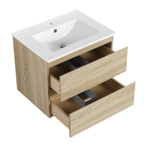 English Elm 24" Modern Wall-Mounted Bathroom Vanity With Ceramic Sink & Soft-Close Drawers For Compact Spaces W999S00167