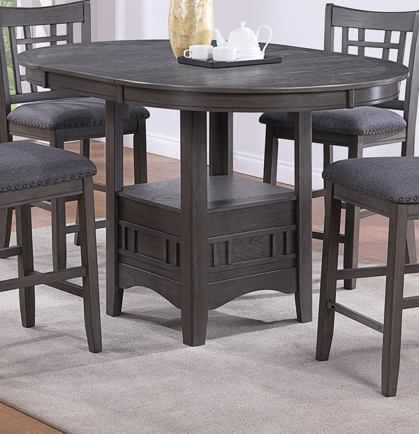 English Elm Contemporary Counter Height 5pc Round Dining Set w/ 18" Leaf & Storage Shelf, Gray Solid Wood Seats B011S00886