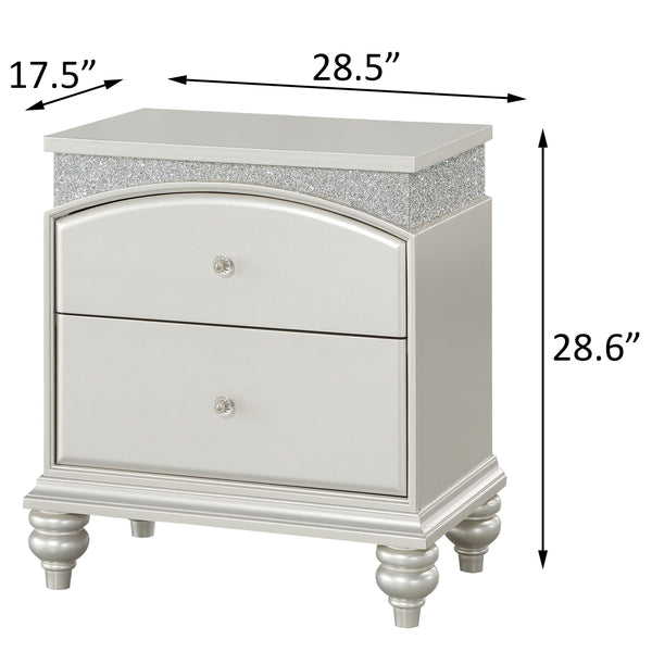 English Elm Platinum Transitional 2-Drawer Nightstand with Felt-Lined Top Drawer, Rhinestone Accents & Safety Stops for Luxury Bedside Storage and Smooth Operation B062P181314