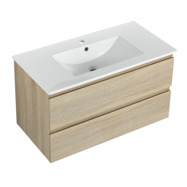 English Elm 36" Wall-Mounted Bathroom Vanity With Ceramic Sink & 2 Soft-Close Drawers For Modern Spaces W999S00169