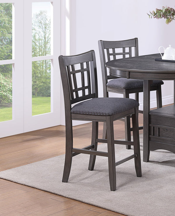 English Elm Contemporary Counter Height 5pc Round Dining Set w/ 18" Leaf & Storage Shelf, Gray Solid Wood Seats B011S00886