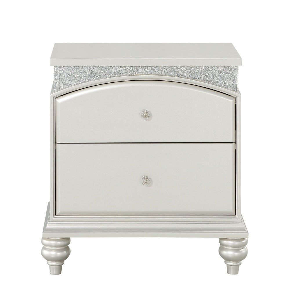 English Elm Platinum Transitional 2-Drawer Nightstand with Felt-Lined Top Drawer, Rhinestone Accents & Safety Stops for Luxury Bedside Storage and Smooth Operation B062P181314