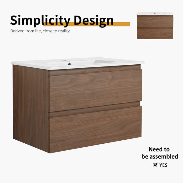 English Elm 30" Wall-Mounted Bathroom Vanity With Ceramic Sink, Soft-Close Drawers, Eco-Friendly Design & Style W999S00165