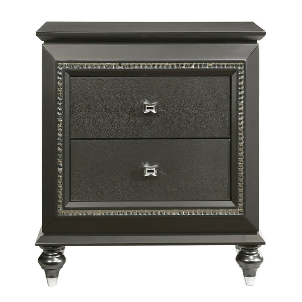English Elm Metallic Grey Nightstand with Crystal Trim, 2 Spacious Drawers, Safety Stops, Glam Transitional Style B062P181327