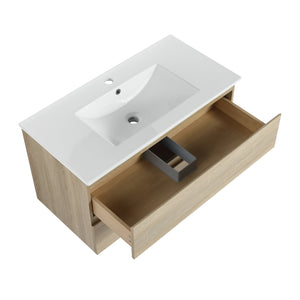 English Elm 36" Wall-Mounted Bathroom Vanity With Ceramic Sink & 2 Soft-Close Drawers For Modern Spaces W999S00169