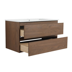 English Elm 36" Wall-Mounted Vanity With Ceramic Sink & 2 Soft-Close Drawers – Modern Space-Saving Design! W999S00166