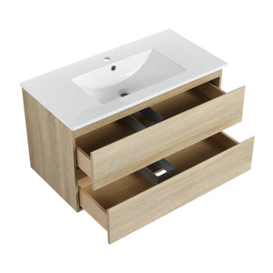 English Elm 36" Wall-Mounted Bathroom Vanity With Ceramic Sink & 2 Soft-Close Drawers For Modern Spaces W999S00169