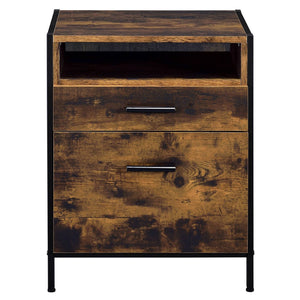 English Elm Rustic Oak and Black 2-Drawer Nightstand with Open Shelf, Metal Cube Legs, Modern Farmhouse Storage B062P181319