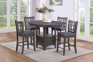 English Elm Contemporary Counter Height 5pc Round Dining Set w/ 18" Leaf & Storage Shelf, Gray Solid Wood Seats B011S00886