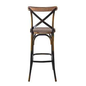 English Elm Antique Copper and Antique Oak Bar Stool With Cross Back