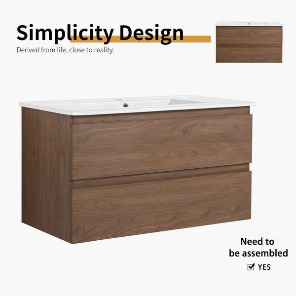 English Elm 36" Wall-Mounted Vanity With Ceramic Sink & 2 Soft-Close Drawers – Modern Space-Saving Design! W999S00166