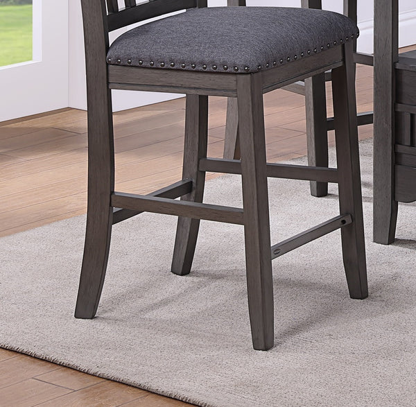 English Elm Set of 2pc Gray Counter Height Chairs with Upholstered Cushions, Nailhead Trim, Solid Wood, 24" Seat Height B011P182981