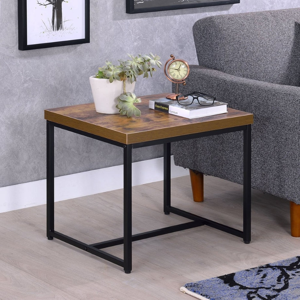 English Elm Weathered Oak End Table With Black Metal Base – Rustic Charm Meets Modern Style For Any Space B062P181351-GIGA
