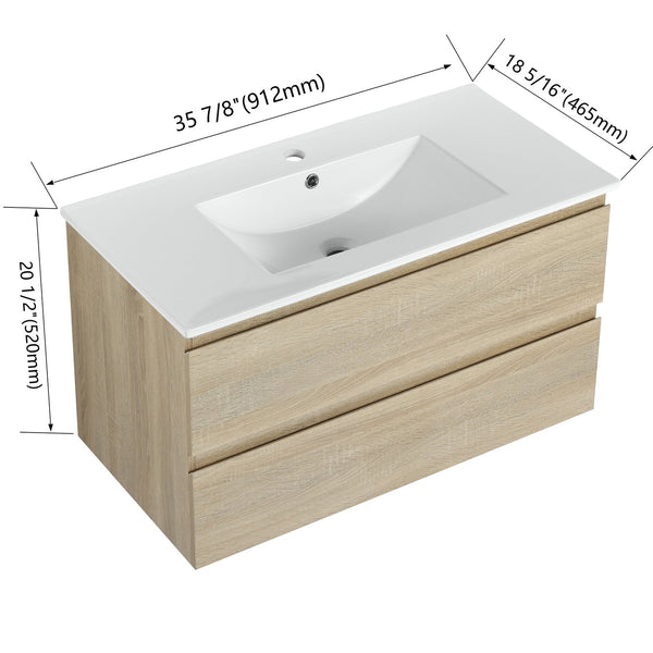 English Elm 36" Wall-Mounted Bathroom Vanity With Ceramic Sink & 2 Soft-Close Drawers For Modern Spaces W999S00169