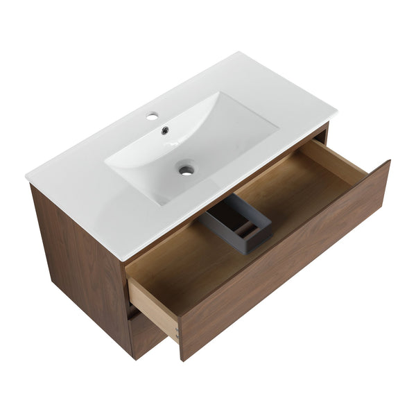 English Elm 36" Wall-Mounted Vanity With Ceramic Sink & 2 Soft-Close Drawers – Modern Space-Saving Design! W999S00166