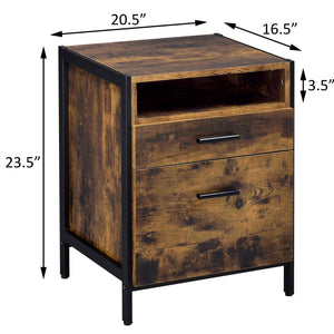 English Elm Rustic Oak and Black 2-Drawer Nightstand with Open Shelf, Metal Cube Legs, Modern Farmhouse Storage B062P181319