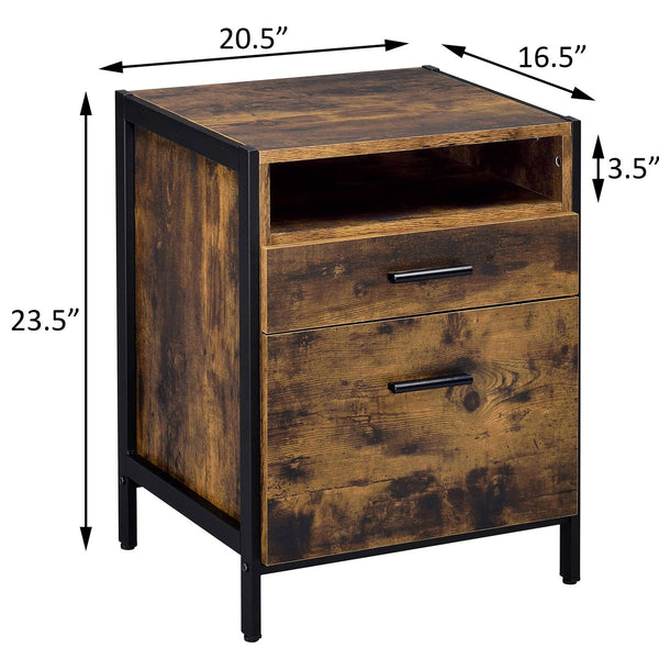 English Elm Rustic Oak and Black 2-Drawer Nightstand with Open Shelf, Metal Cube Legs, Modern Farmhouse Storage B062P181319