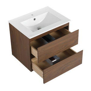 English Elm 24" Wall-Mounted Bathroom Vanity With Ceramic Sink, Soft-Close Drawers, Perfect For Small Spaces W999S00164