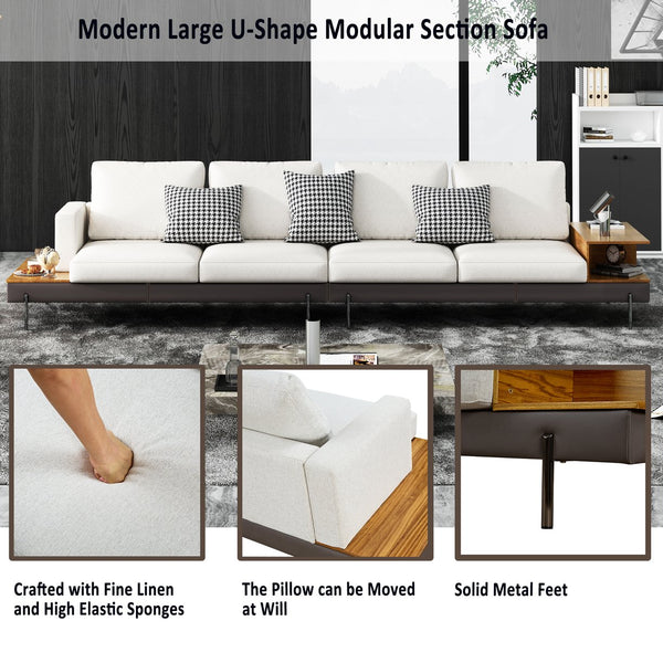 English Elm Luxury Cotton Upholstered Four-Seat Sofa with Interchangeable Left/Right Arm Shelves, Off-White Upholstery and Metal Legs W1793S00035