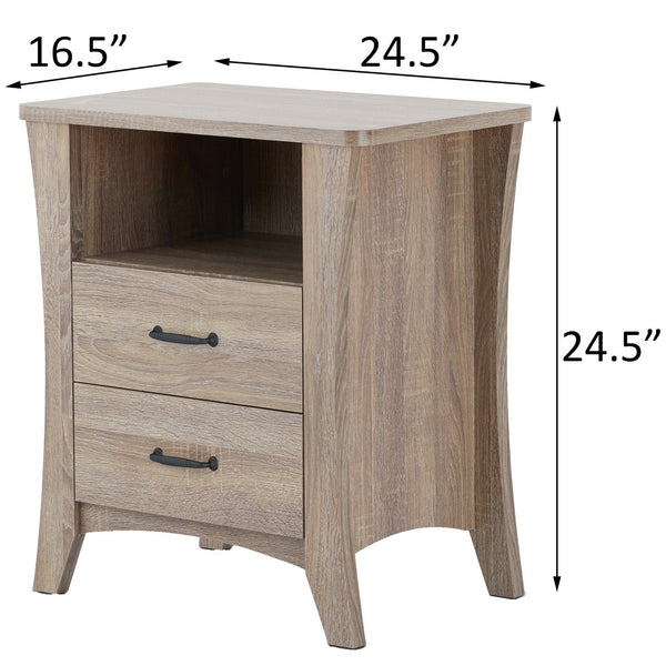 English Elm Rustic Nightstand with 2 Drawers & Open Shelf, Smooth Metal Glides, Safety Stops, Manual Close — Durable Rustic Natural Design B062P181338