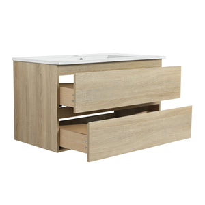 English Elm 36" Wall-Mounted Bathroom Vanity With Ceramic Sink & 2 Soft-Close Drawers For Modern Spaces W999S00169