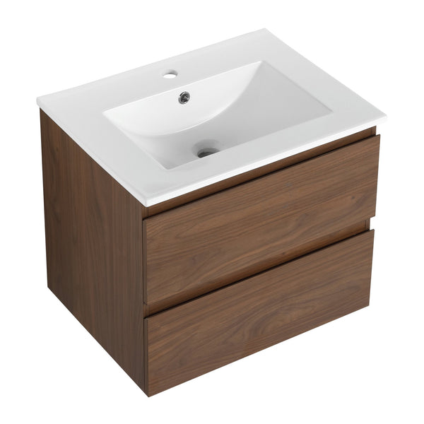 English Elm 24" Wall-Mounted Bathroom Vanity With Ceramic Sink, Soft-Close Drawers, Perfect For Small Spaces W999S00164
