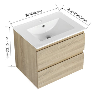 English Elm 24" Modern Wall-Mounted Bathroom Vanity With Ceramic Sink & Soft-Close Drawers For Compact Spaces W999S00167