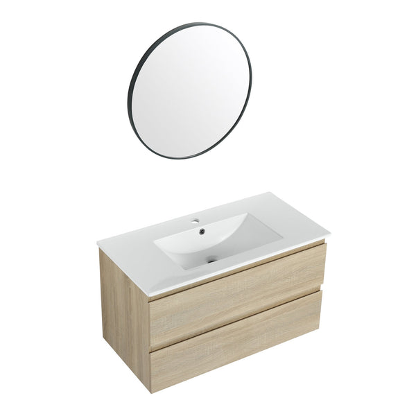 English Elm 36" Wall-Mounted Bathroom Vanity With Ceramic Sink & 2 Soft-Close Drawers For Modern Spaces W999S00169