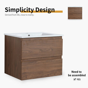 English Elm 24" Wall-Mounted Bathroom Vanity With Ceramic Sink, Soft-Close Drawers, Perfect For Small Spaces W999S00164