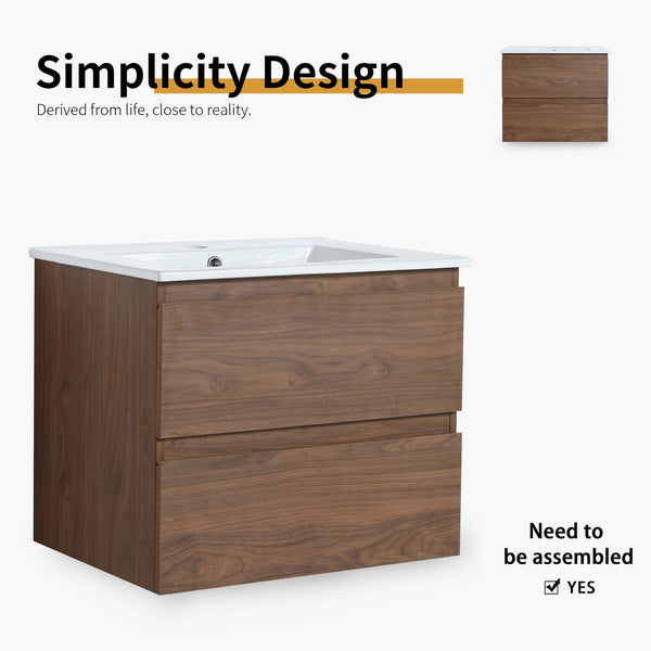 English Elm 24" Wall-Mounted Bathroom Vanity With Ceramic Sink, Soft-Close Drawers, Perfect For Small Spaces W999S00164