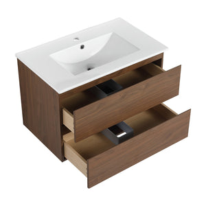 English Elm 30" Wall-Mounted Bathroom Vanity With Ceramic Sink, Soft-Close Drawers, Eco-Friendly Design & Style W999S00165
