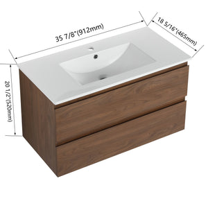 English Elm 36" Wall-Mounted Vanity With Ceramic Sink & 2 Soft-Close Drawers – Modern Space-Saving Design! W999S00166
